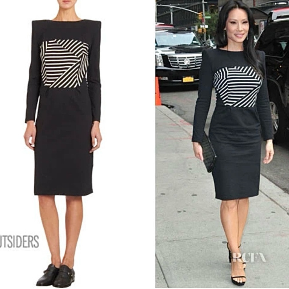 BOY. BAND OF OUTSIDERS Lucy Liu Striped Boatneck Dress 4 Boxy Shoulder Pads B&W